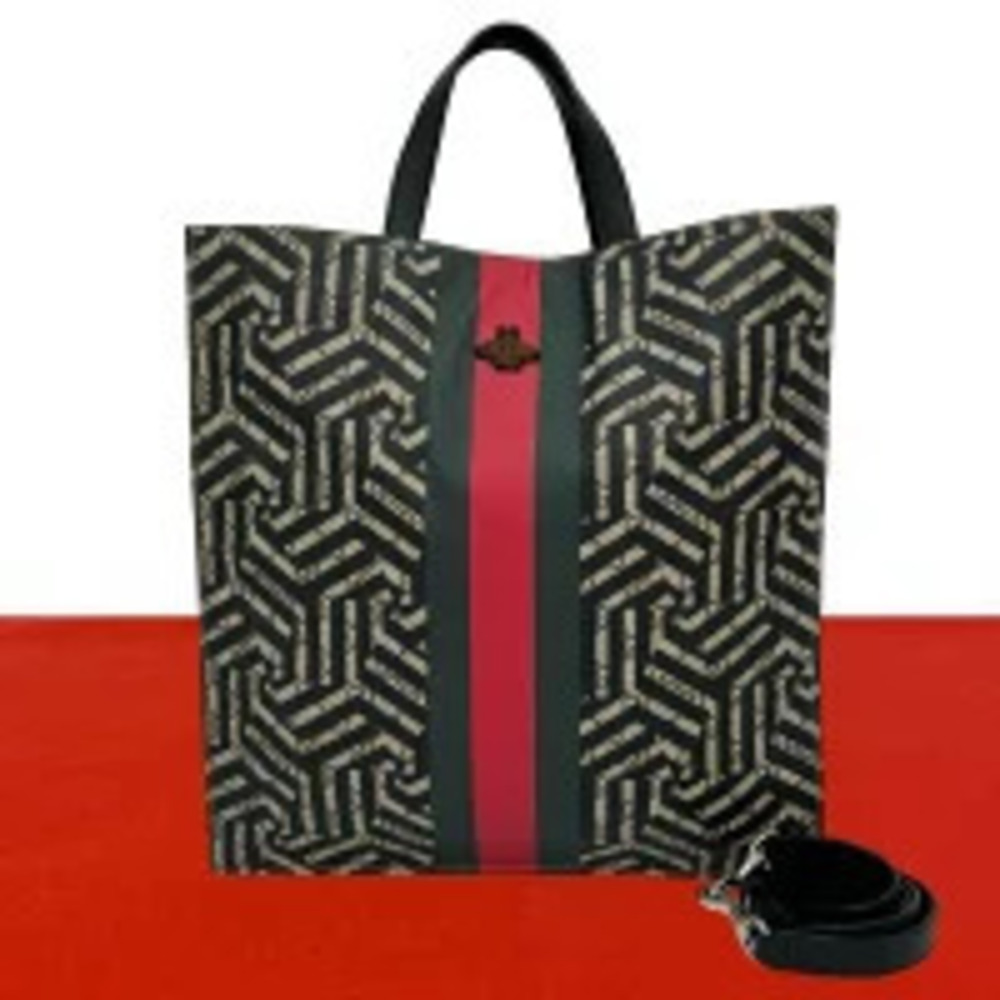 Gucci GG Kaleido Sherry Bee Leather Polyurethane Tote Shoulder Bag Black